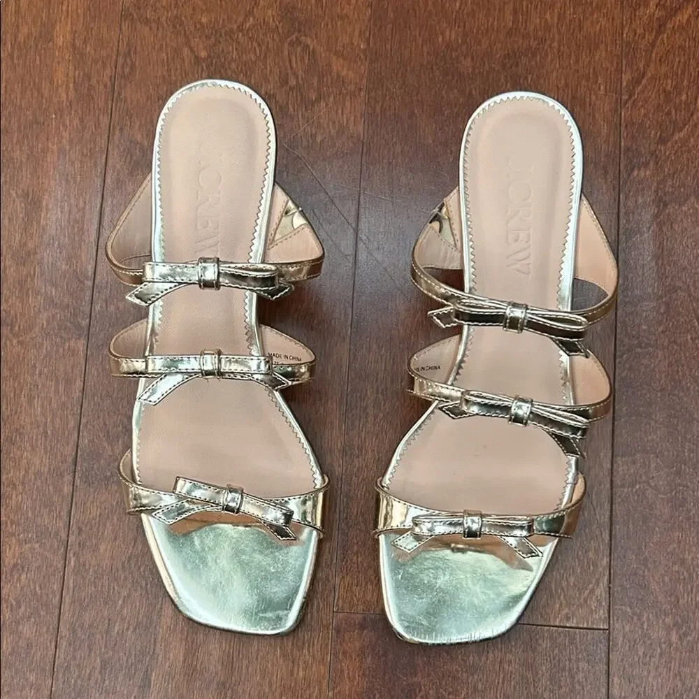 J. Crew Zadie Bow-Strap Heels in Gold Metallic Leather, Feminine Coquette Size 6